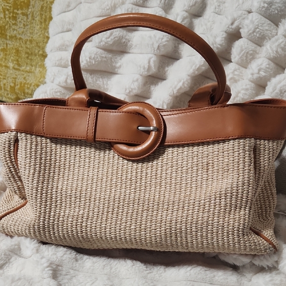 Furla Handbags - Furla Beige Woven Tote with Tan Leather Trim and Circular Buckle Accent
